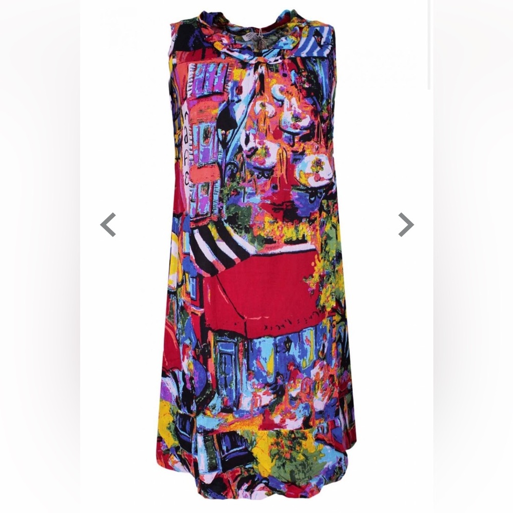 Orientique Midi Cafe Scene Cotton Shift Dress Vibrant Multicolor Print Australia